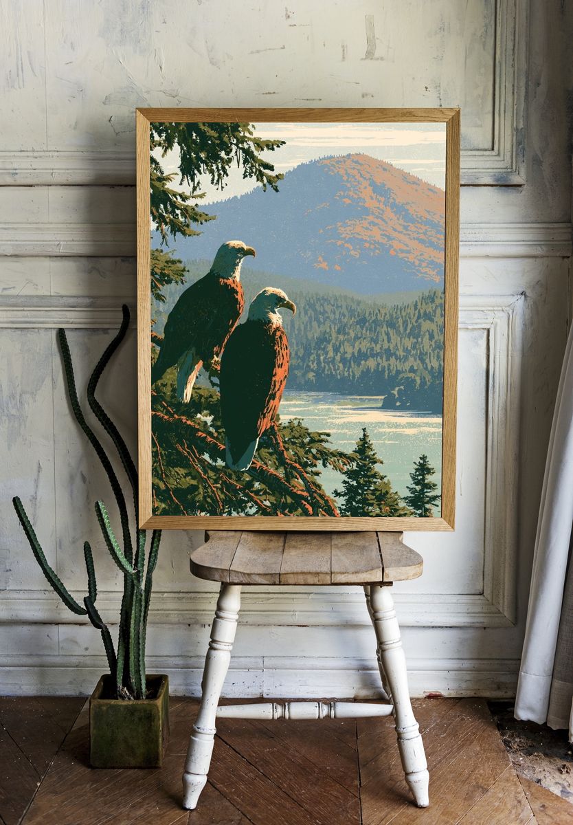 Eagle Over Mountain Lake Print. — room view 1