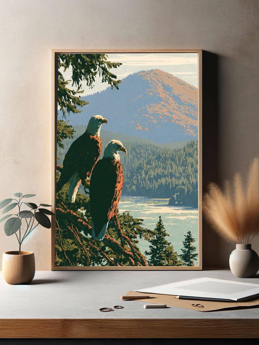 Eagle Over Mountain Lake Print. — room view 2