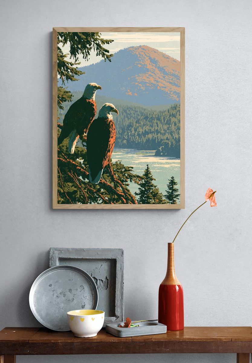 Eagle Over Mountain Lake Print. — room view 3