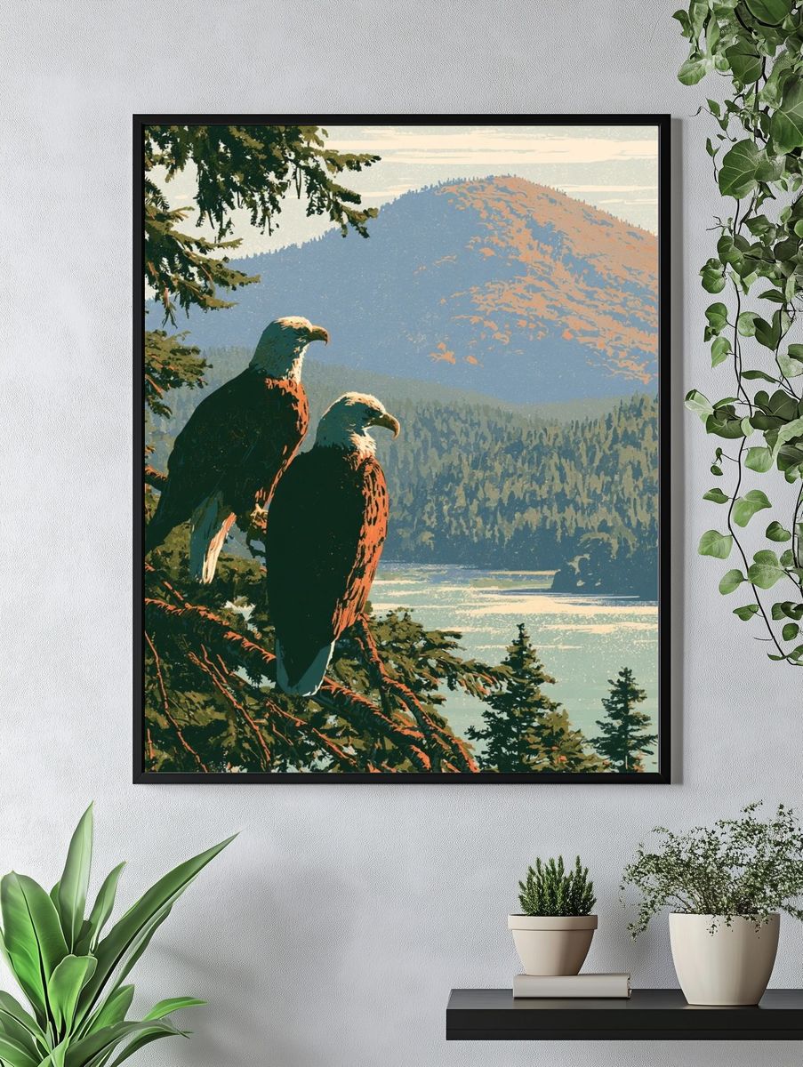 Eagle Over Mountain Lake Print. — room view 4