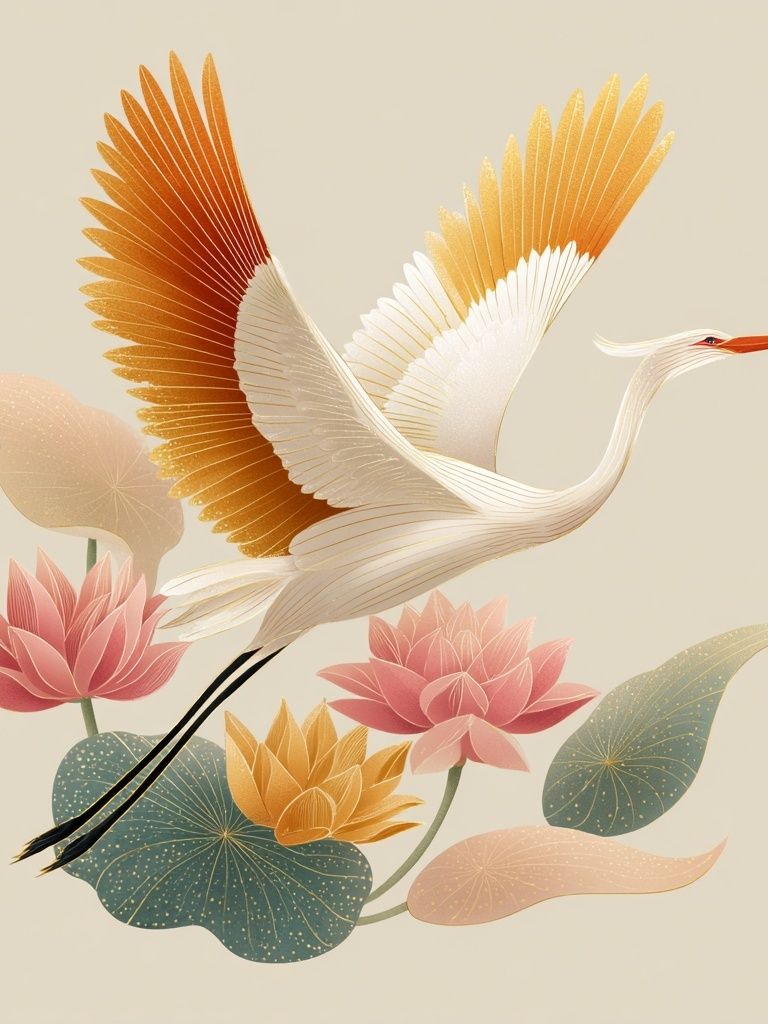 Elegant Crane and Lotus — Illustration Print. poster detail