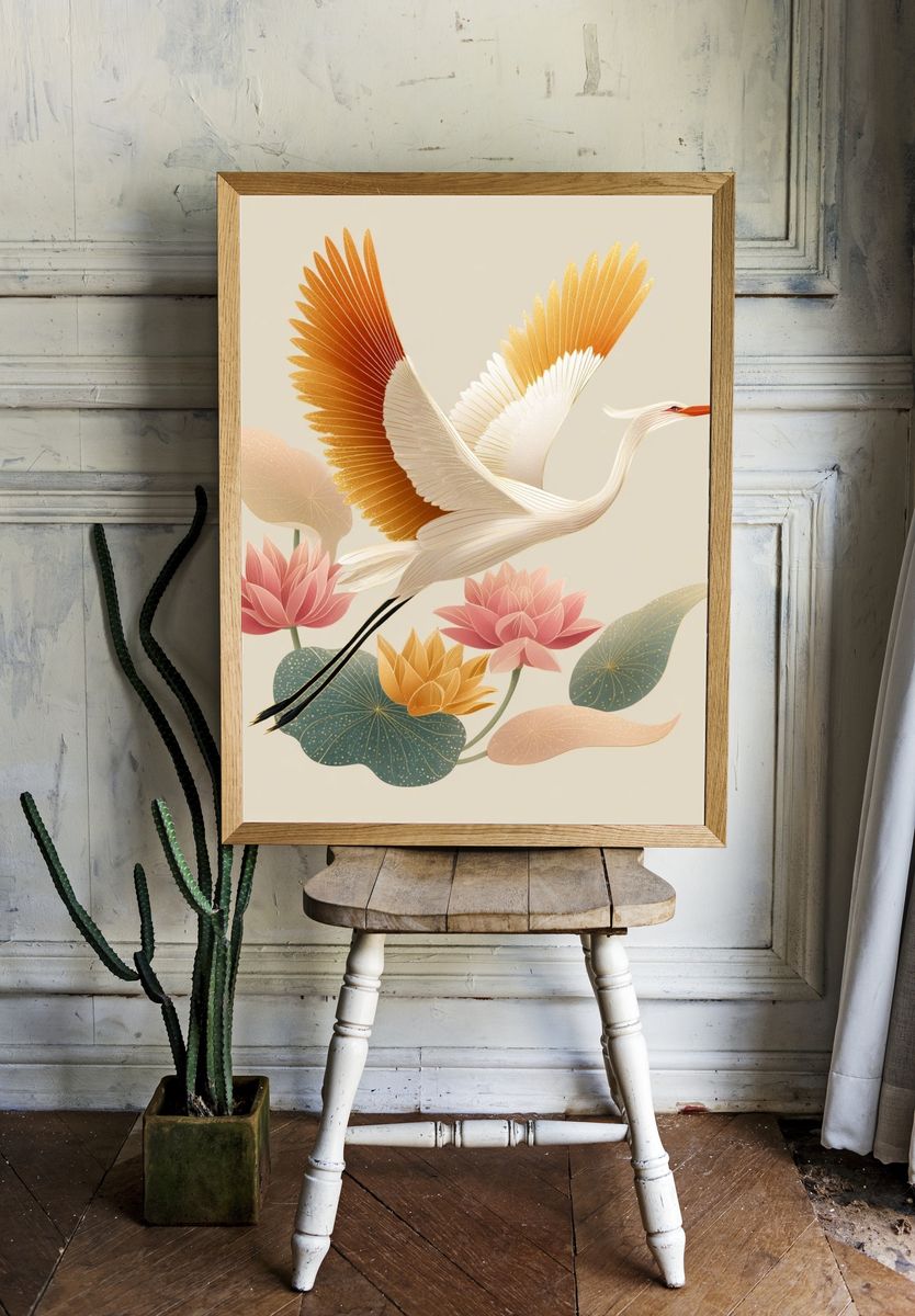 Elegant Crane and Lotus — Illustration Print room preview