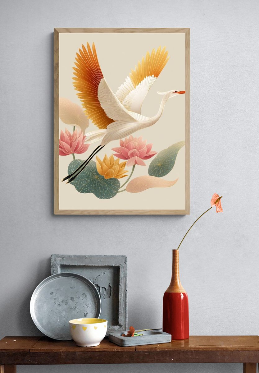 Elegant Crane and Lotus — Illustration Print. — room view 3