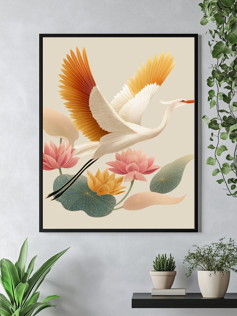 Elegant Crane and Lotus — Illustration Print. — room view 4