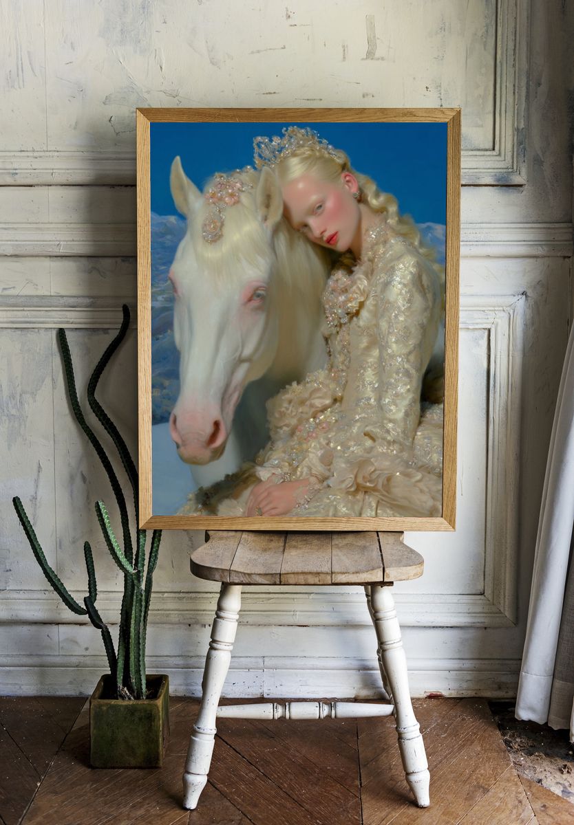 Elegant Girl with White Horse — Fine Art Print room preview