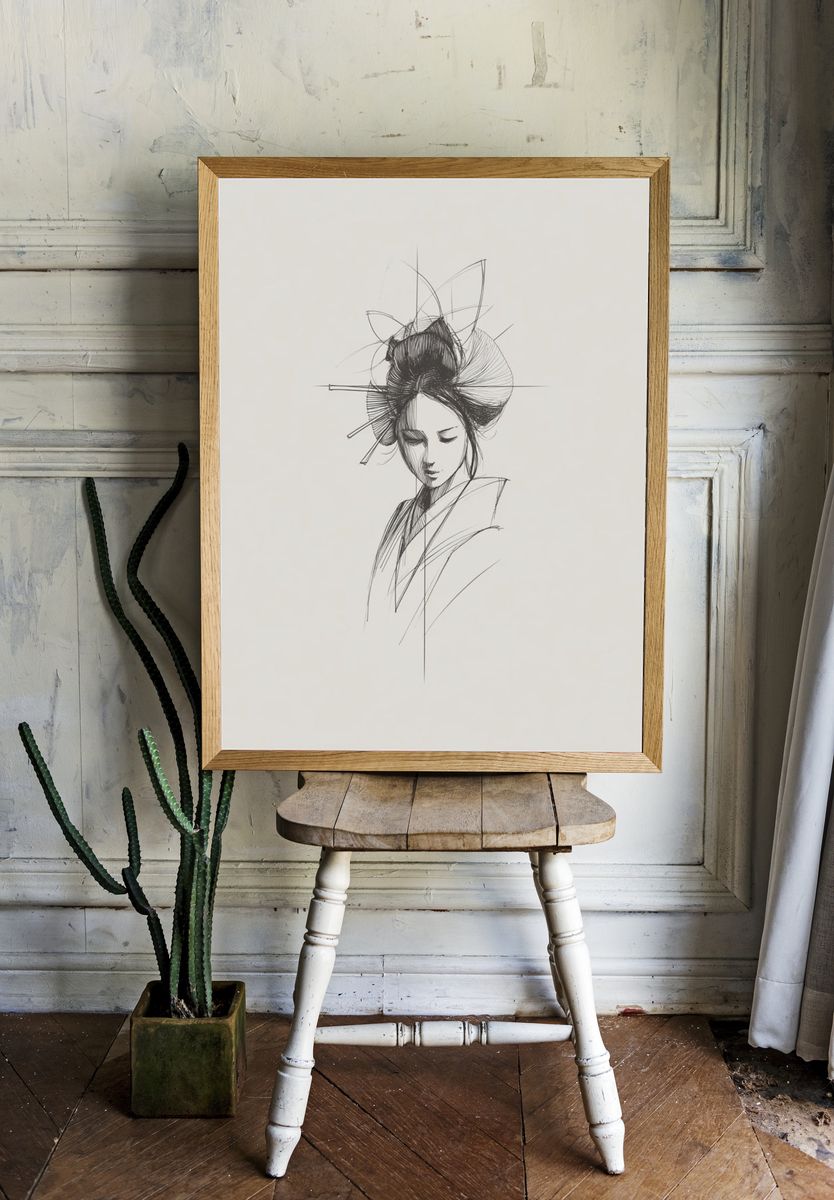 Elegant Geisha — Line Art Print room preview