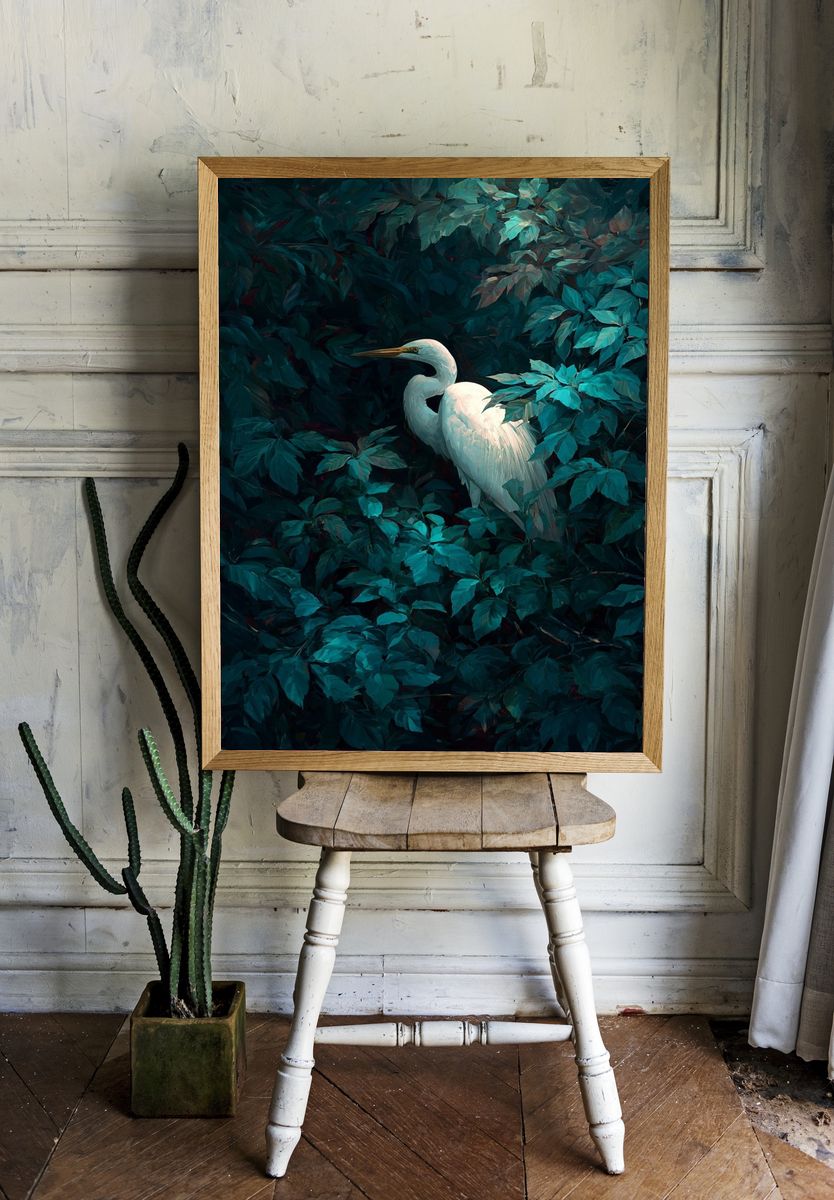 Great Egret in Lush Greenery Poster. — room view 1