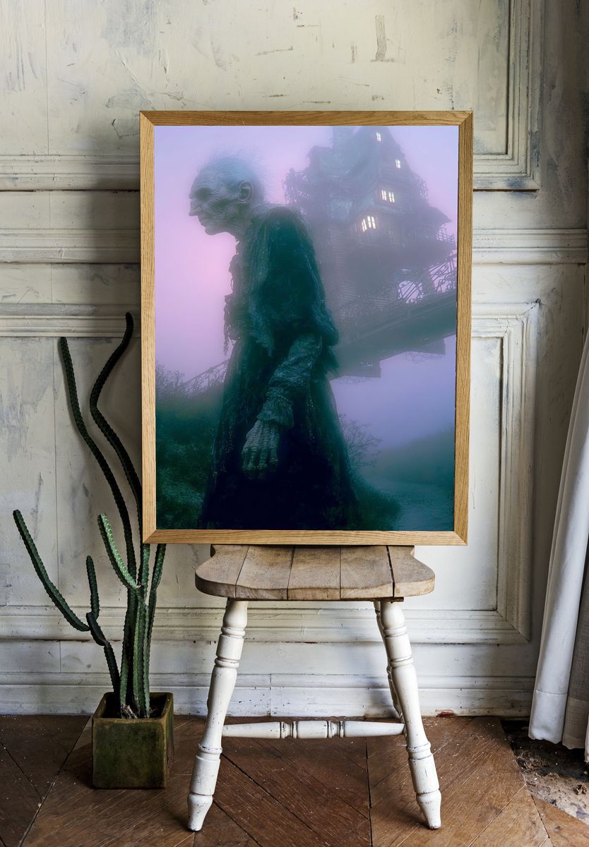 Eerie Figure and Haunted House — Surrealism Print room preview