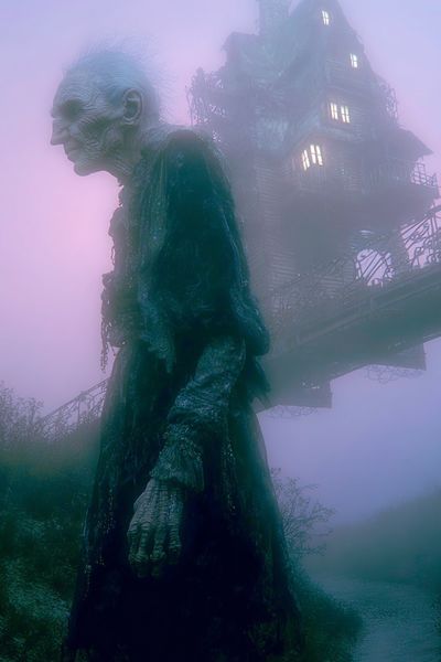 Eerie Figure and Haunted House — Surrealism Print. poster print