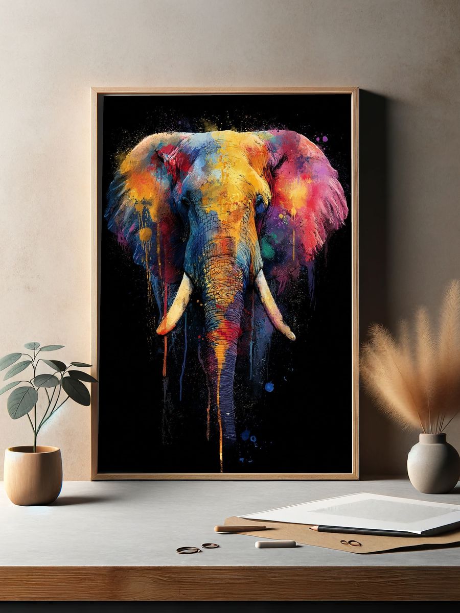 Colorful Elephant Art Print. — room view 2