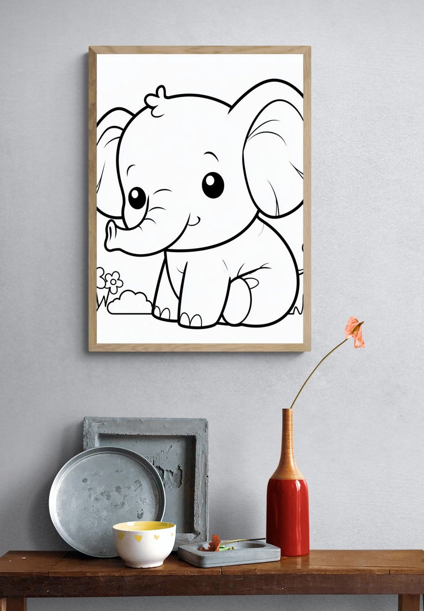 Cute Baby Elephant Line Art Poster. — room view 3