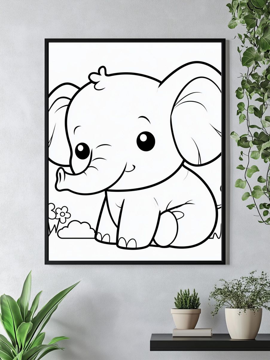 Cute Baby Elephant Line Art Poster. — room view 4