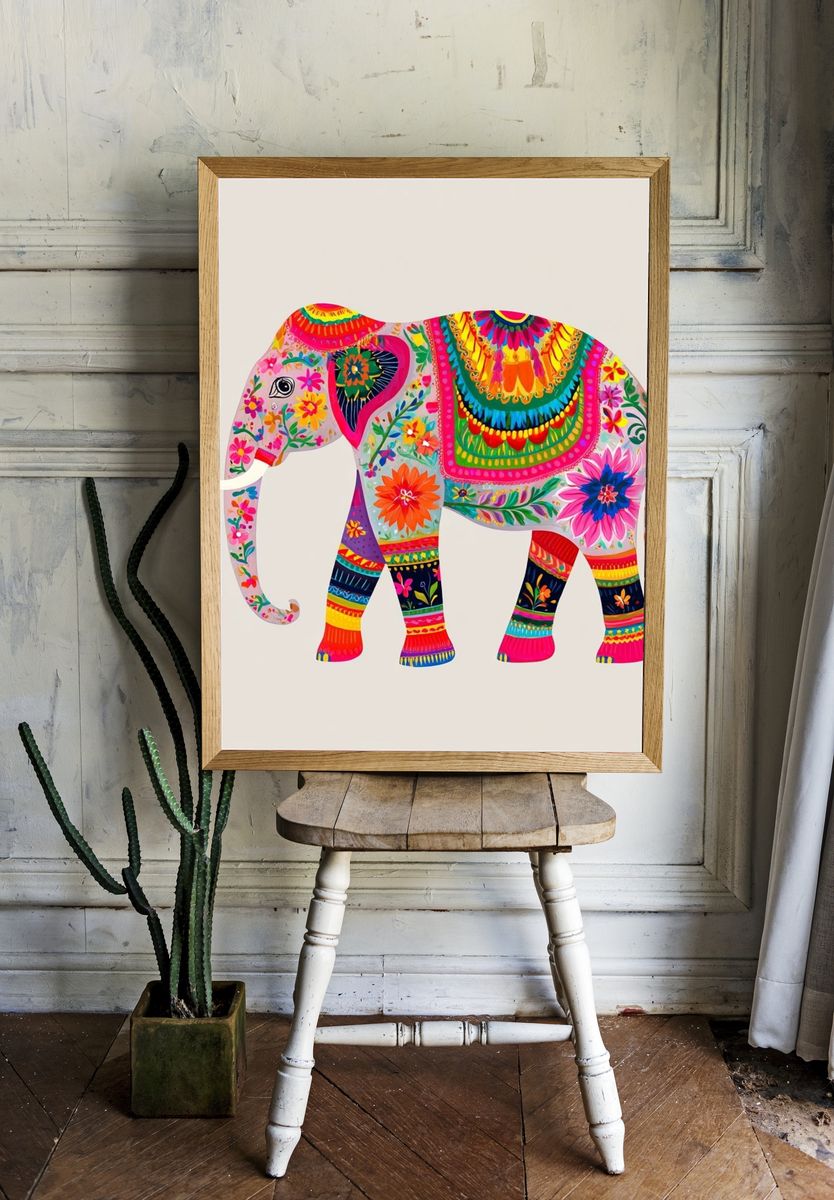 Colorful Elephant Illustration Poster. — room view 1