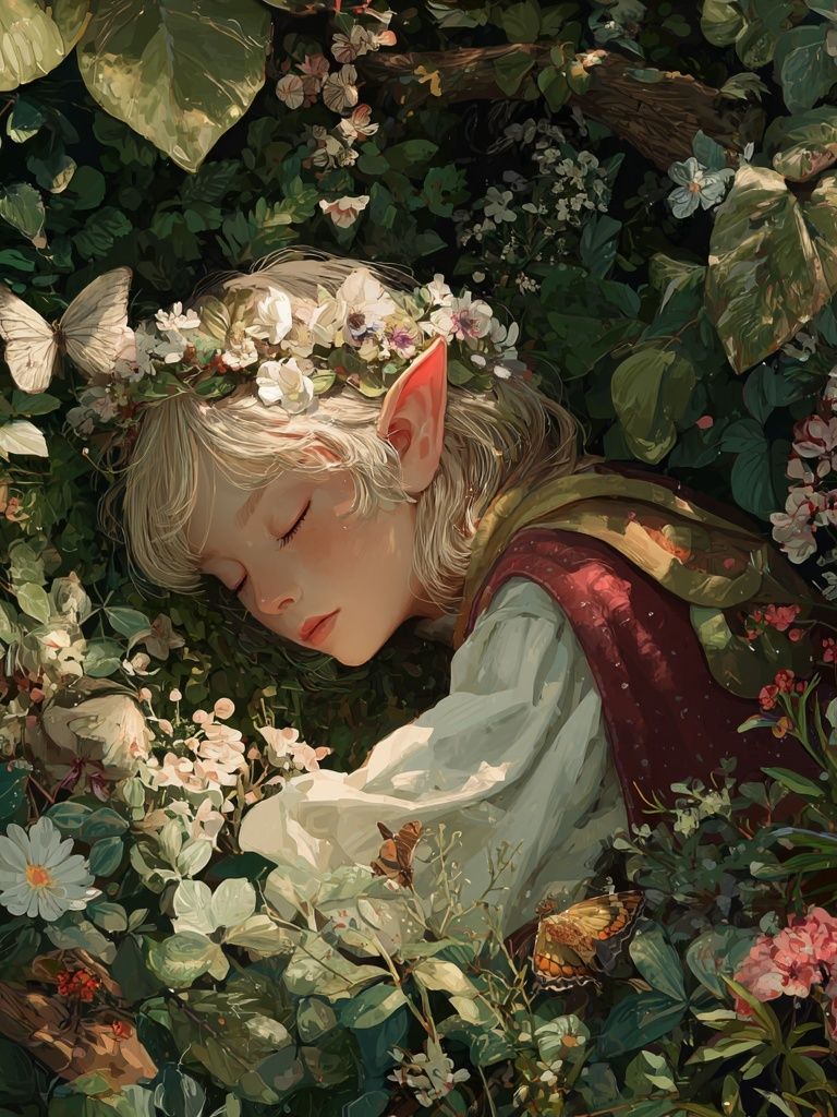 Sleeping Elf in a Floral Garden — Art Print. poster detail