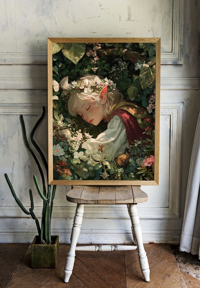 Sleeping Elf in a Floral Garden — Art Print. room preview
