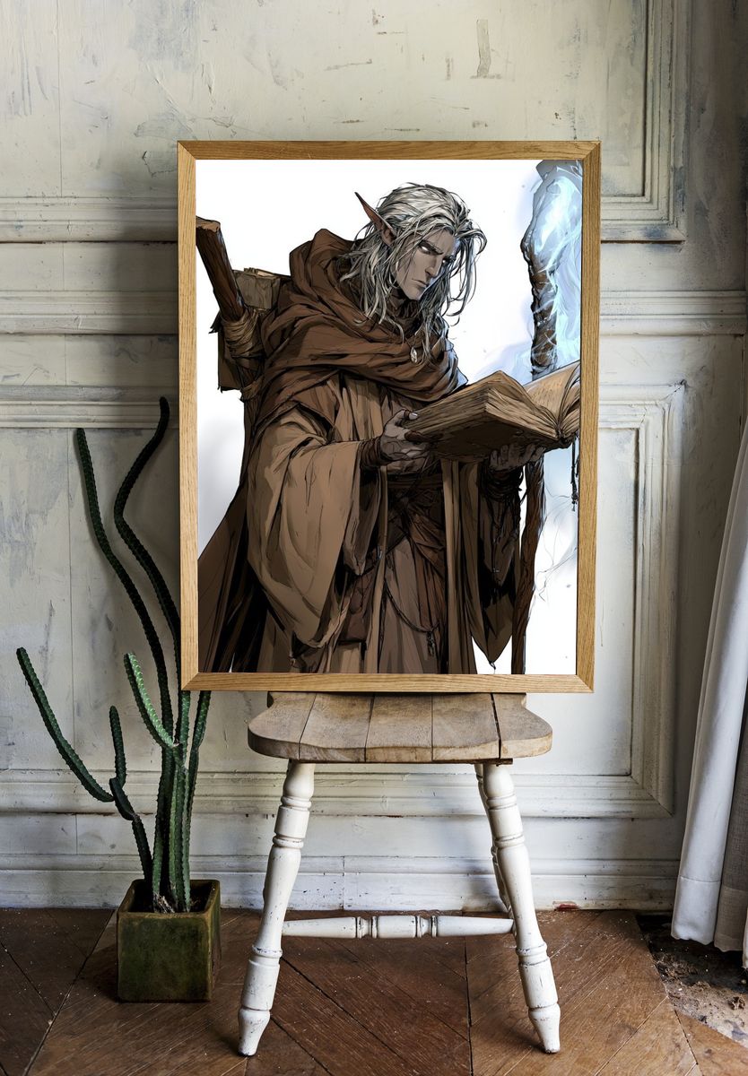 Elf Mage Reading Spellbook Poster. — room view 1