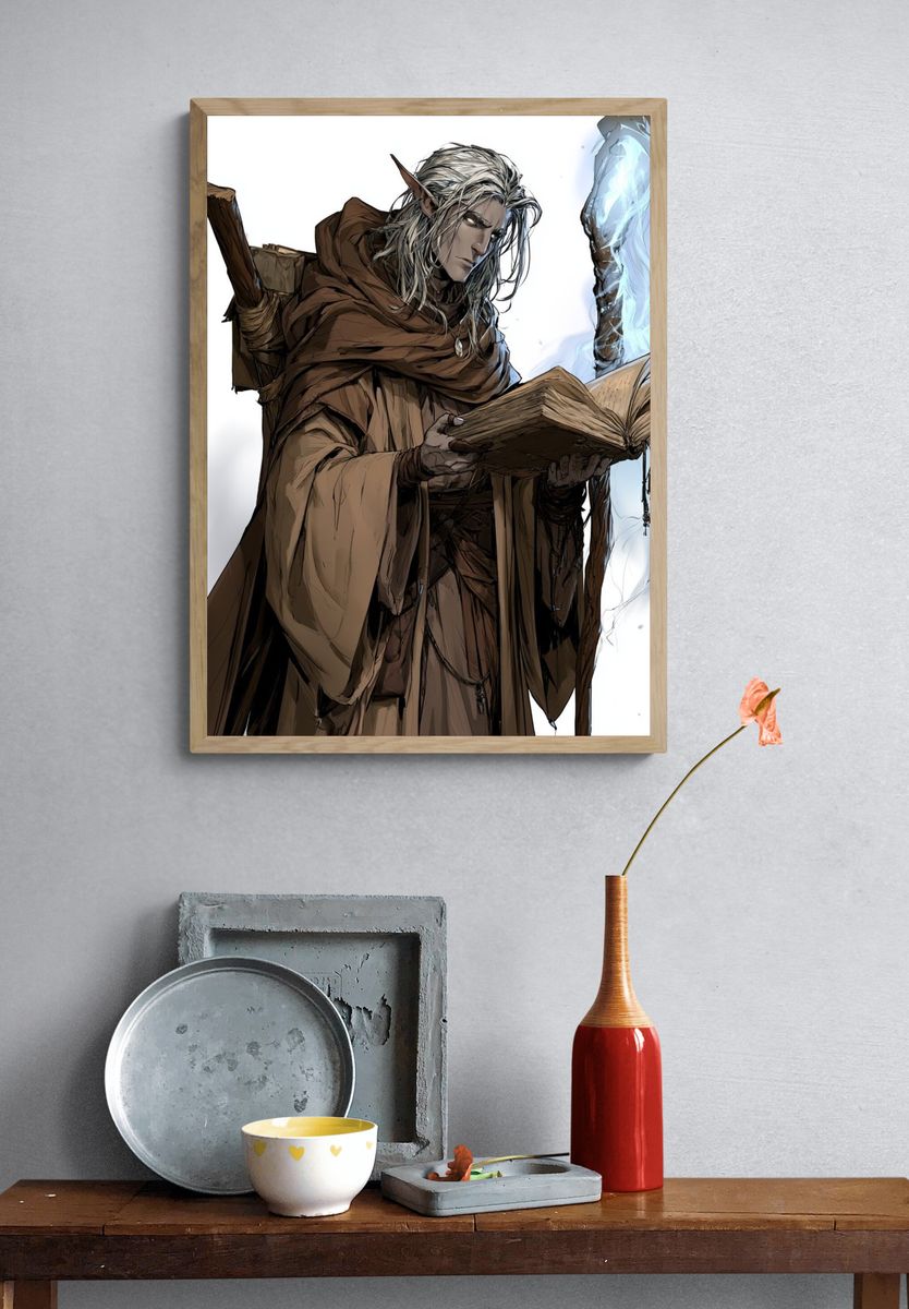 Elf Mage Reading Spellbook Poster. — room view 3