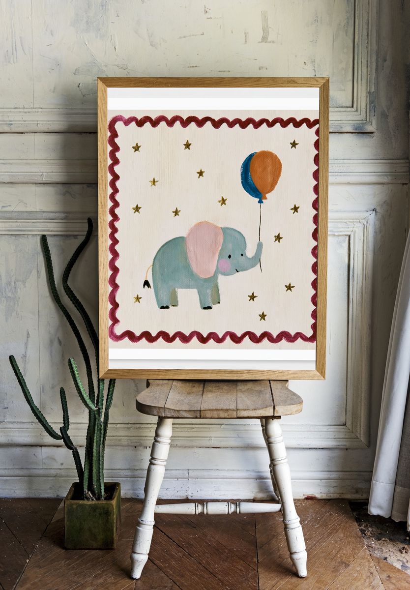 Elephant Balloon Nursery Print. — room view 1