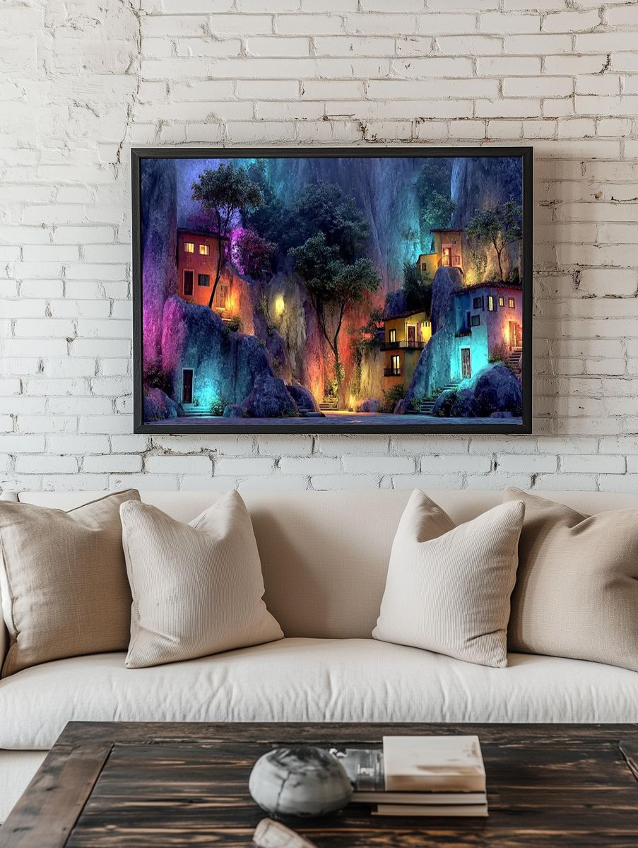 Enchanting Mountain Village — Digital Art Print. room preview