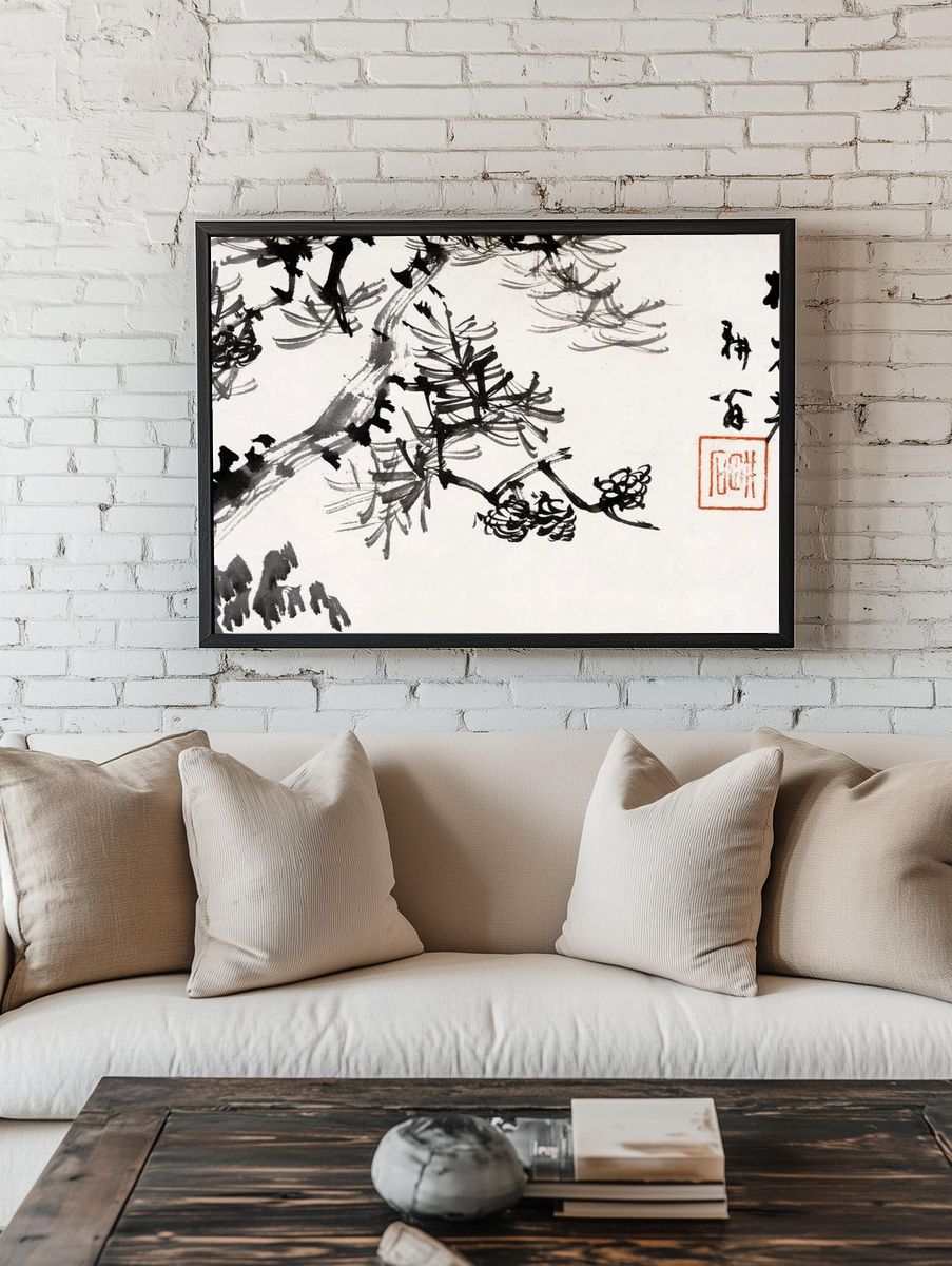 Elegant Pine Tree — Asian Ink Art Print room preview