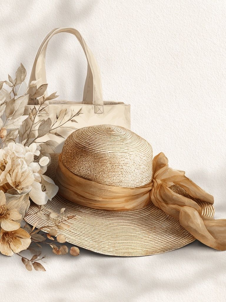 Elegant Straw Hat and Floral Arrangement Poster.