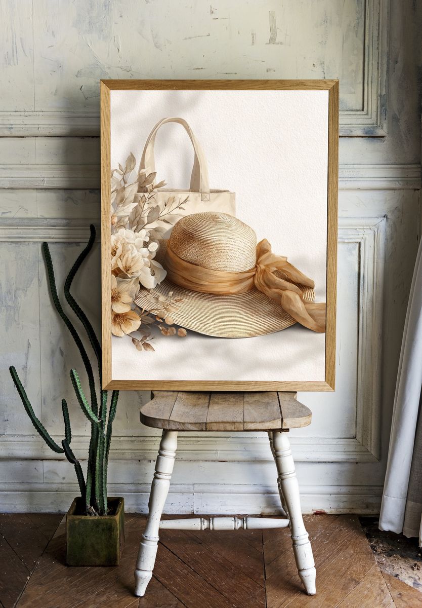 Elegant Straw Hat and Floral Arrangement Poster. — room view 1