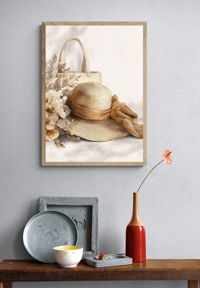 Elegant Straw Hat and Floral Arrangement Poster. — room view 3