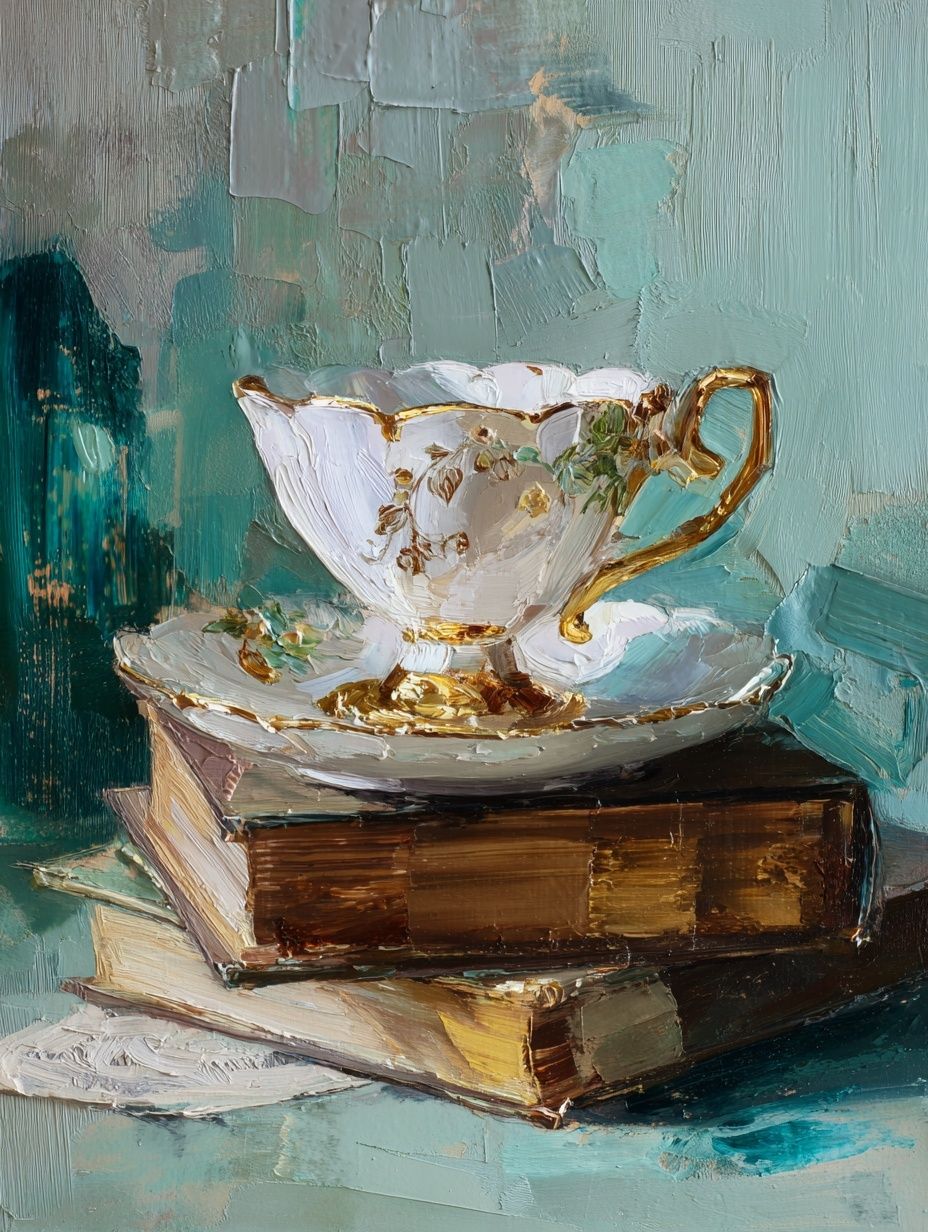 Elegant Teacup on Books — Fine Art Print. poster — fine-art art