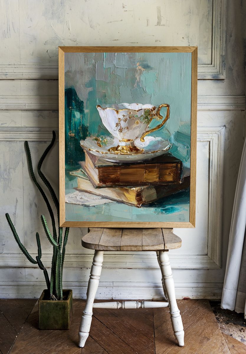 Elegant Teacup on Books — Fine Art Print room preview