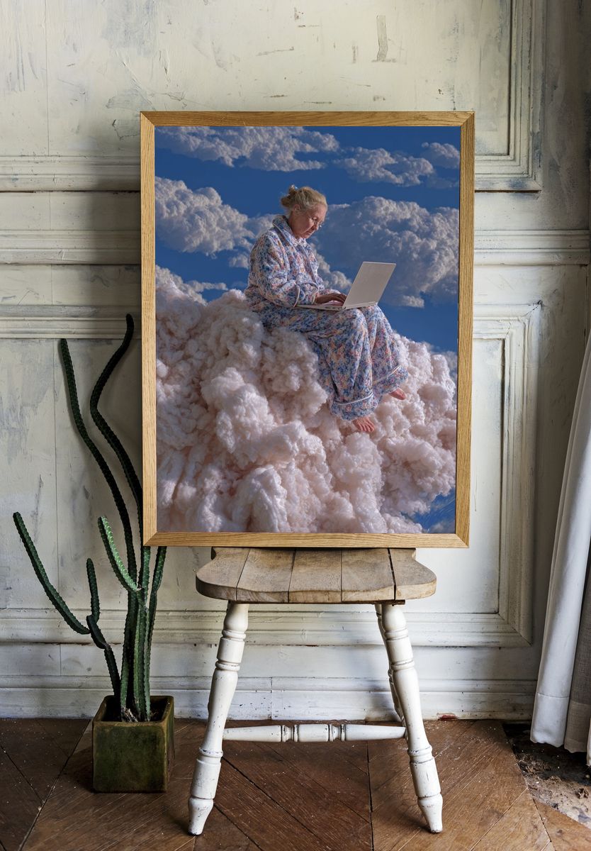 Elderly Woman on Cloud — Surreal Print. — room view 1