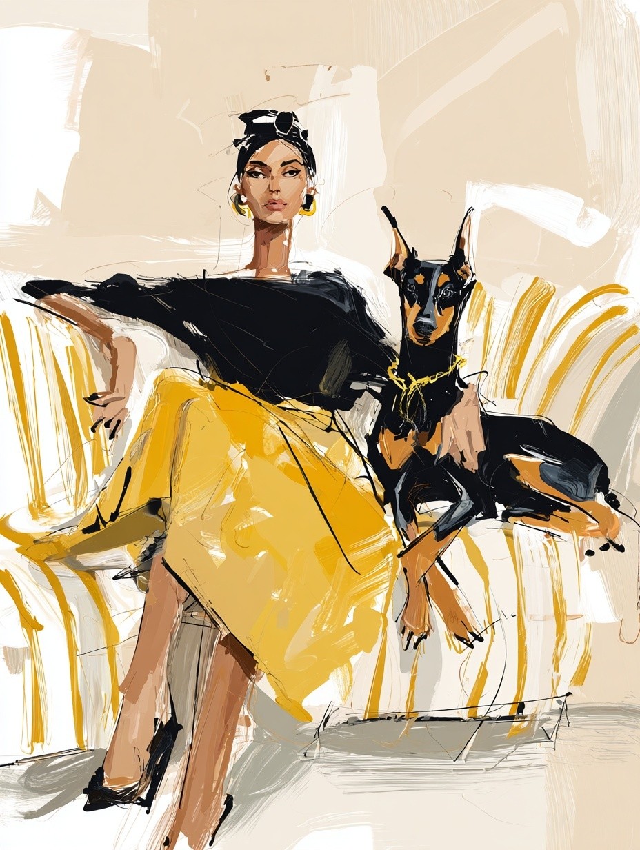 Elegant Woman with Doberman — Illustration Print. poster — illustration art