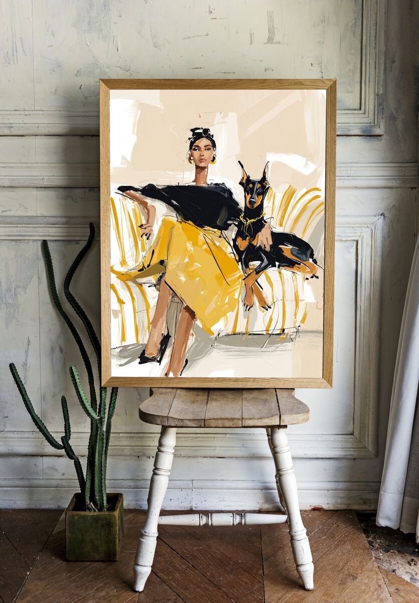 Elegant Woman with Doberman — Illustration Print room preview