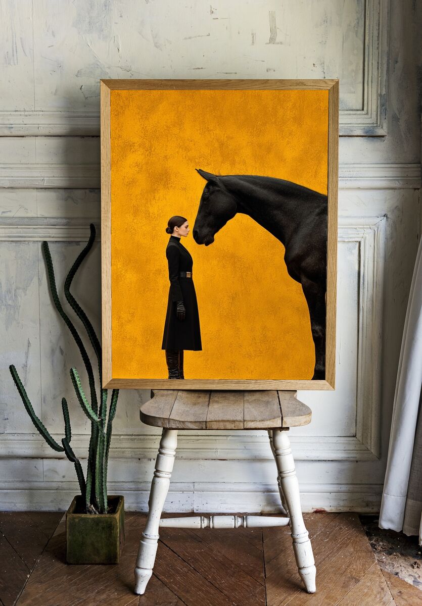 Elegant Woman and Black Horse — Fine Art Print room preview