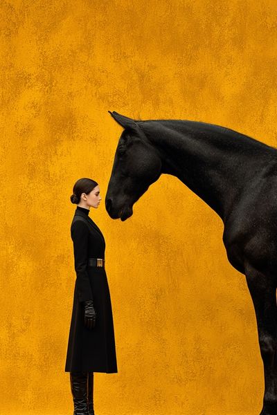 Elegant Woman and Black Horse — Fine Art Print. poster