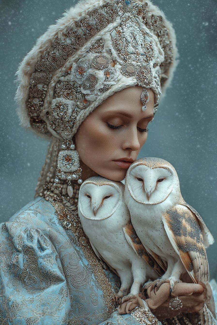 Elegant Woman with Owls — Fine Art Print. poster — fine-art art