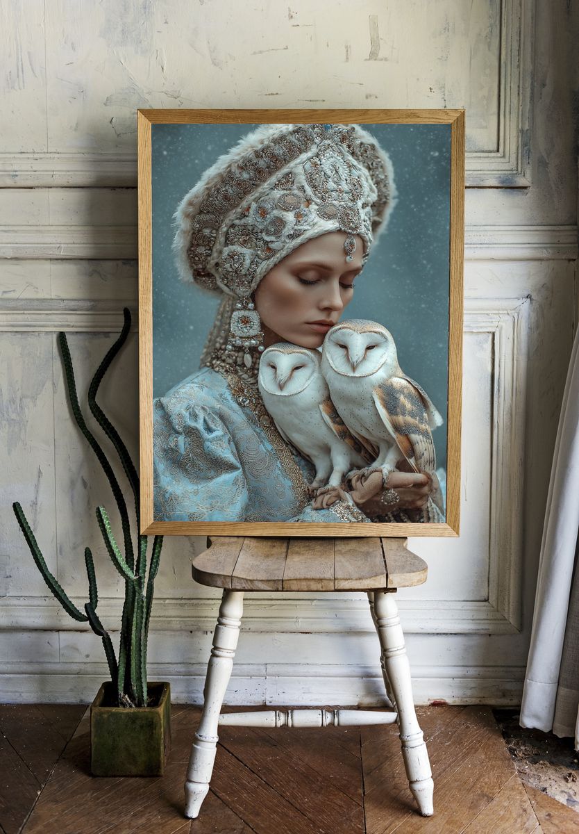 Elegant Woman with Owls — Fine Art Print room preview