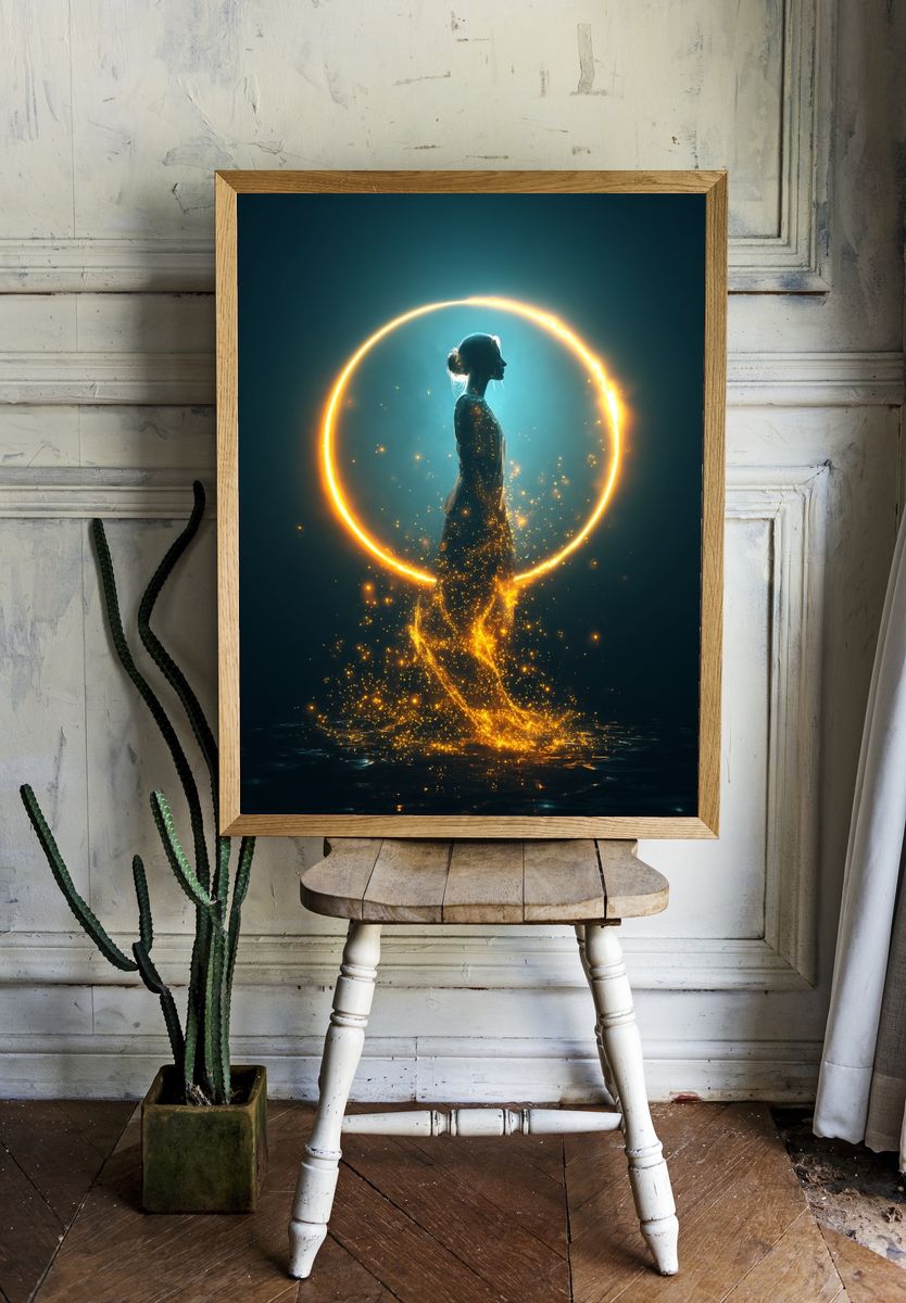 Ethereal Woman in Golden Glow — Digital Art Print room preview