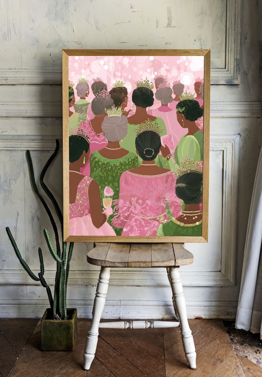 Elegant Women in Pink — Illustration Print room preview