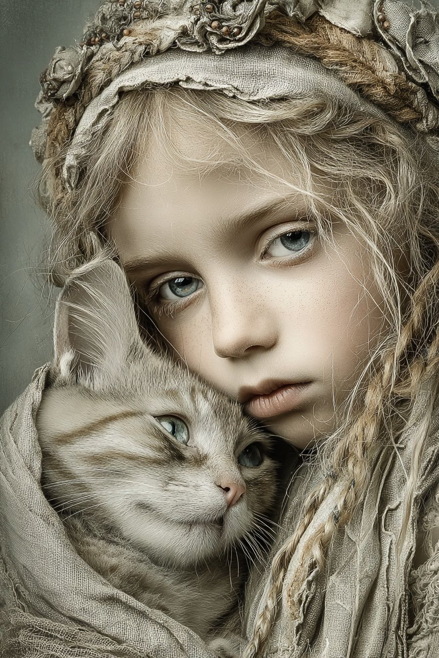 Girl and Cat Portrait Print. poster — fine-art art