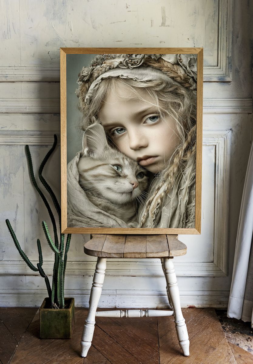 Girl and Cat Portrait Print. room preview