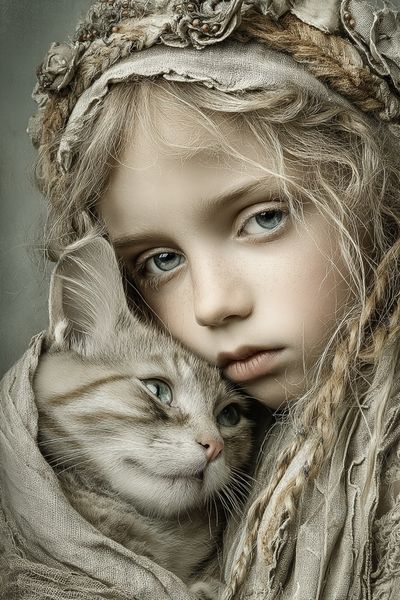 Girl and Cat Portrait Print. poster