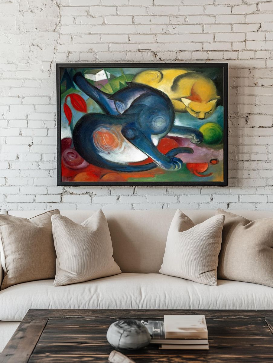 Blue and Yellow Cats — Fine Art Print. room preview
