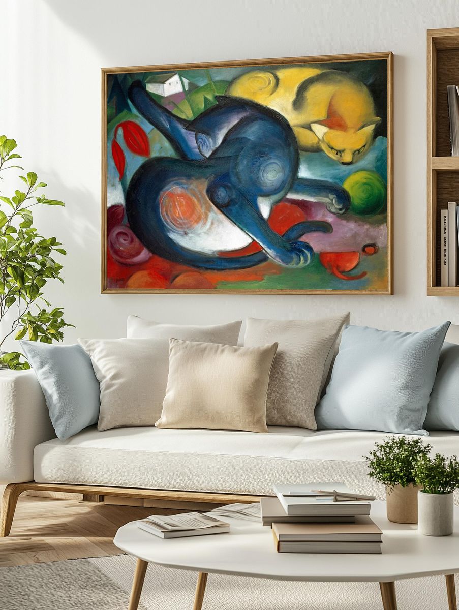 Blue and Yellow Cats — Fine Art Print. — room view 2