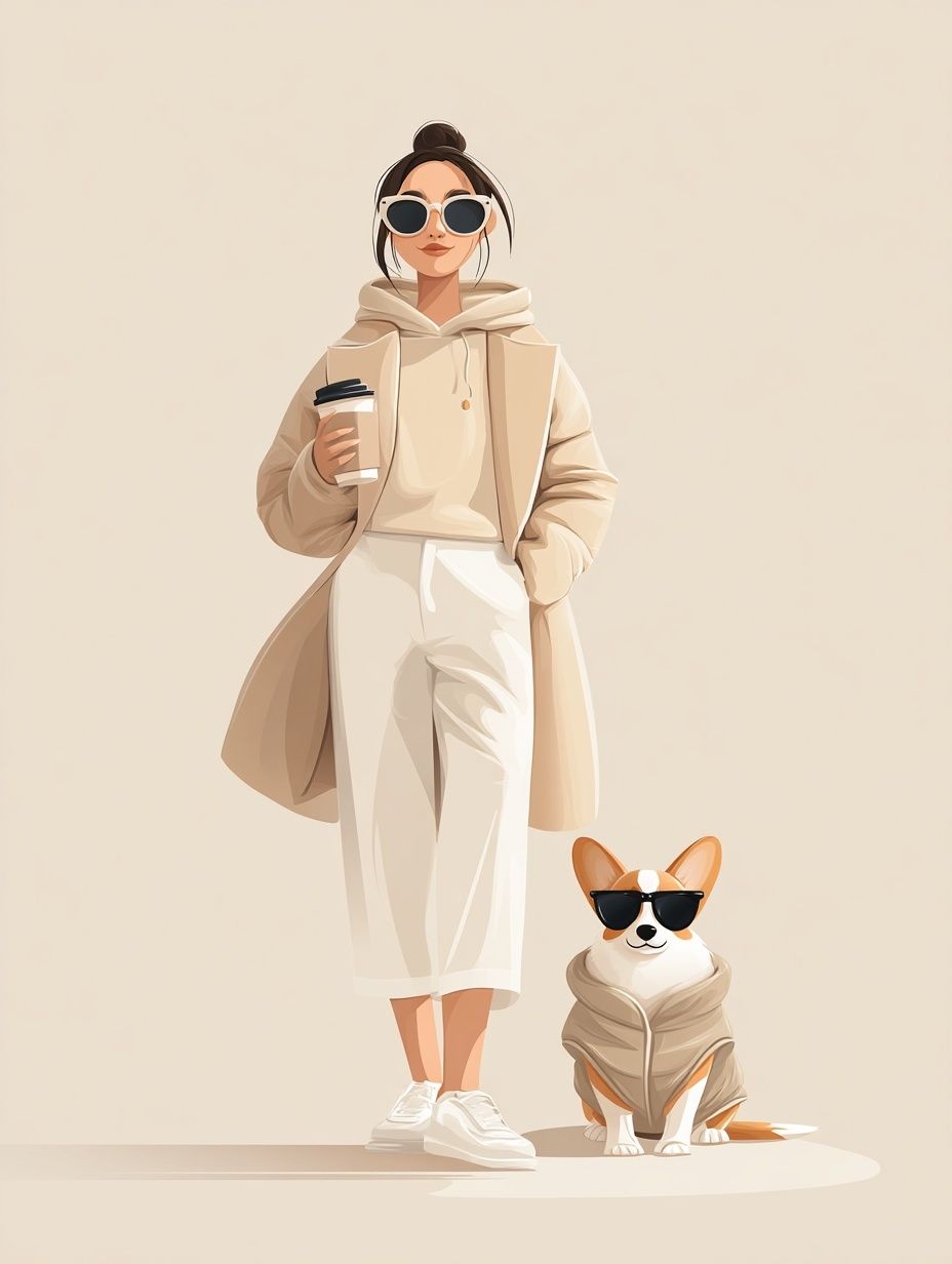 Stylish Woman with Dog — Illustration Print. poster — illustration art