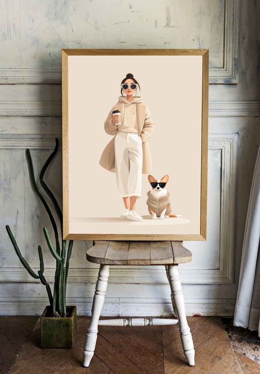 Stylish Woman with Dog — Illustration Print. room preview