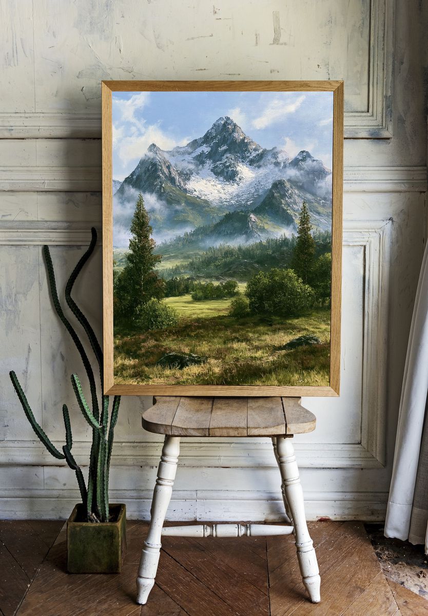 Snowy Mountain Valley Landscape Print. room preview