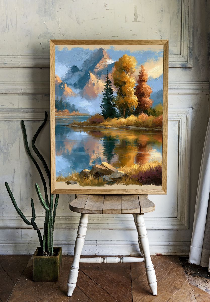 Autumn Mountain Lake Landscape Print. — room view 1