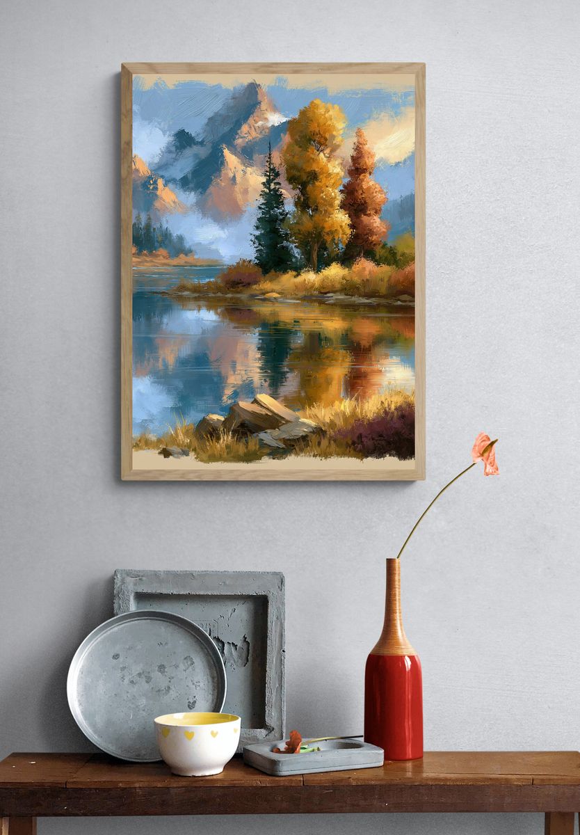 Autumn Mountain Lake Landscape Print. — room view 3