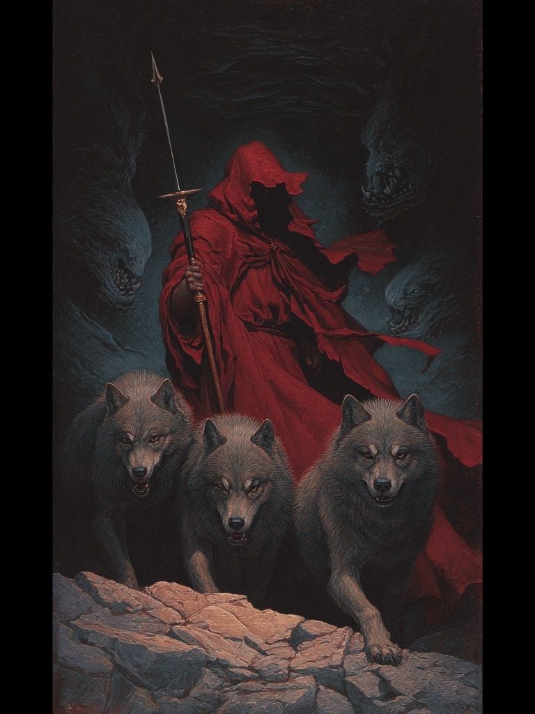Red Cloaked Wolf Guardian Print. poster detail