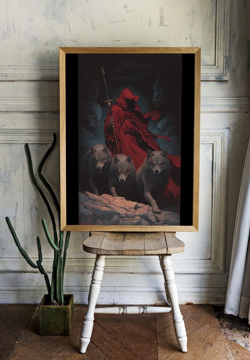 Red Cloaked Wolf Guardian Print. room preview